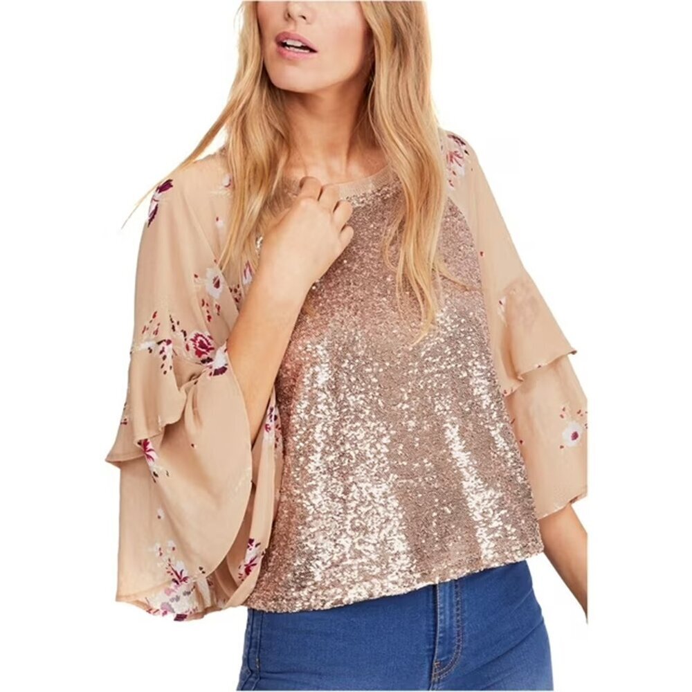Free People Shimmy‎ & Shake Sequin Floral Ruffle Sleeves Tan Pink Blouse M